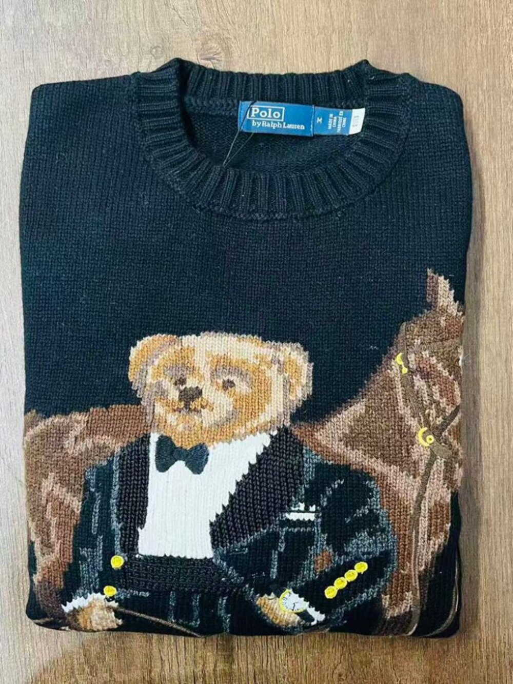 Polo Ralph Lauren Black Equestrian Polo Bear Wool Cashmere Sweater M - Picture 7 of 8
